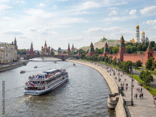 A wide-angle view of a river flowing through a historic city, featuring a large passenger cruise ship sailing past a stone embankment with pedestrians, bridges, and traditional architecture.