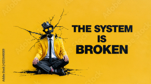 Surreal Conceptual Art Of A Broken Businessman Against A Yellow Wall