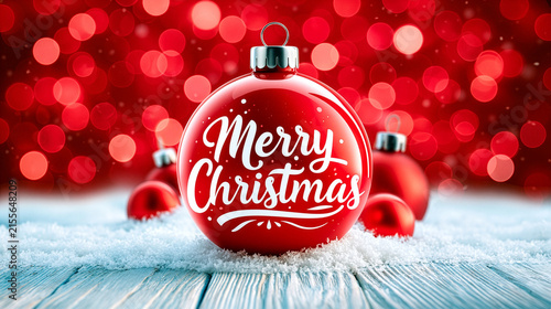 Festive Merry Christmas Red Bauble Ornament on Snow with Bokeh Background