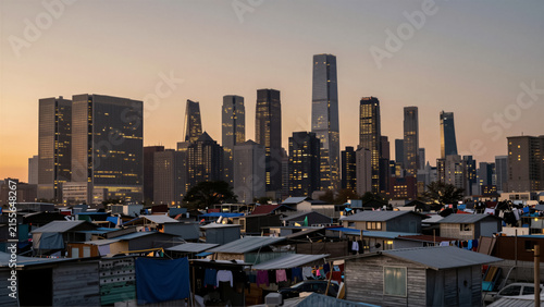 Modern city skyline at sunset contrasting with a foreground of makeshift housing. Urban development and inequality concept in a metropolitan area