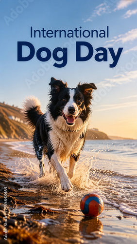 International Dog Day Poster Featuring Border Collie Playing on Beach
