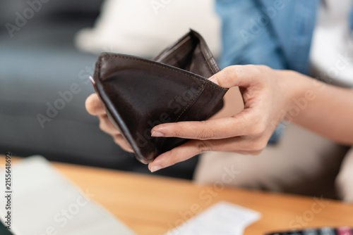Photography Bankruptcy problem financial concept, Young man opening empty wallet stress to f