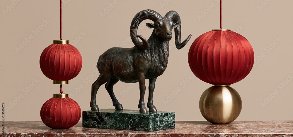 Obraz premium Festive red and gold lanterns highlight a bronze ram figurine on marble, symbolizing the 2027 zodiac and Lunar New Year.