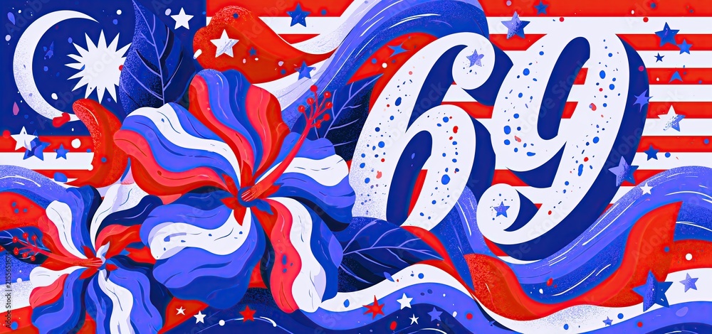 Obraz premium Festive Malaysia Independence Day 2026 design showcasing the national hibiscus, bright colors, and celebratory typography.
