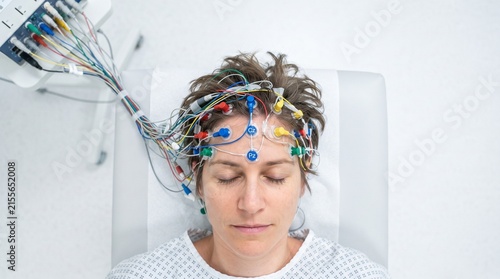 top view of female patient lying down with eeg cap and cables connected to brain wave monitoring equipment in hospital
