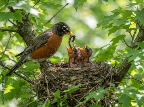An adult bird feeding an earthworm to its hungry chicks in a nest built within the branches of a tree during the springtime.