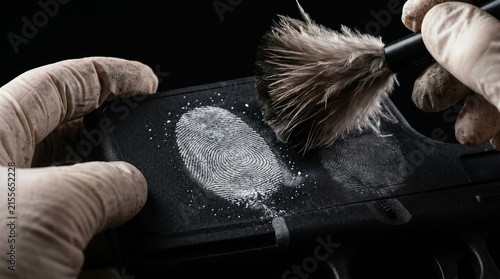 Konstfotografi Close Up of Forensic Scientist Revealing Latent Fingerprint on Combination Vault