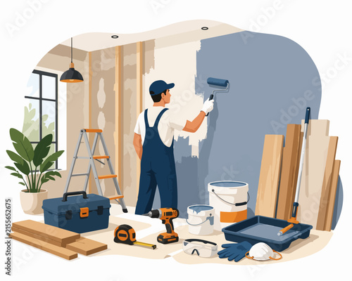Workers Renovating and Painting a Modern Home Interior