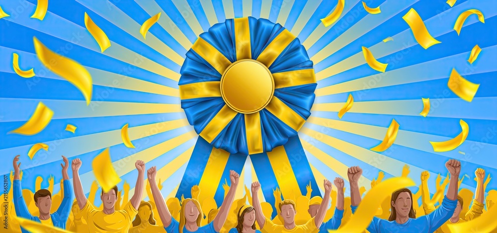 Obraz premium Swedish National Day banner with vibrant rosette and cheerful crowd in bright blue and yellow colors.