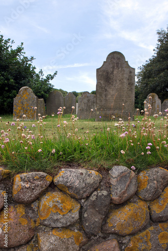 friedhofsmauer mit blümchen und grabsteinen