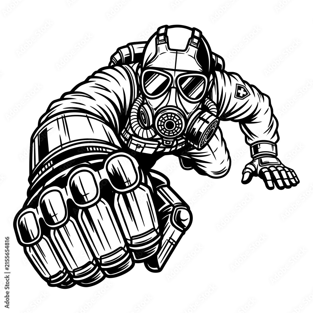 Obraz premium Steampunk Robot Warrior with Gear Armor Full Body Black and White Vector Illustration