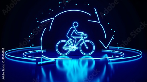  Cyclist riding through a glowing futuristic digital fitness interface
