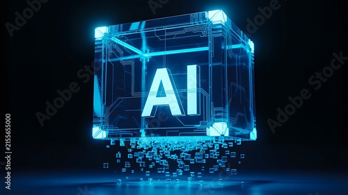  Artificial intelligence concept with glowing ai technology cube on dark background