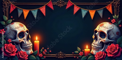 Elegant black frame, illustrated skulls, flickering candles, vibrant flags, Day of the Dead lettering , skull, mexico, candles