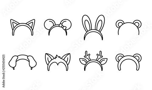 Minimalist Animal Ear Headband Line Icon Set with Simple Outline Designs of Cat Mouse Rabbit Bear Dog Wolf and Reindeer Costume Accessories for Festive Party Branding