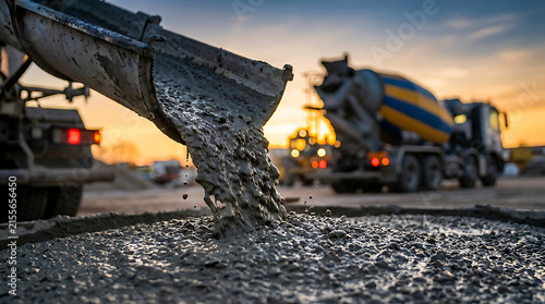 Wet Concrete Pouring From Cement Mixer Truck At Construction Site During Golden Hour Sunset