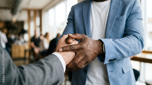 Professional business handshake between diverse partners, corporate agreement and success, close up of firm grip in office