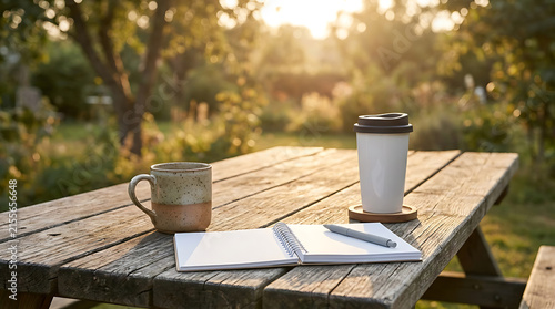 Outdoor Coffee Break With Notebook And Mug On Wooden Picnic Table In Sunny Garden