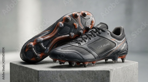 Professional black soccer boots on concrete pedestal for sports equipment marketing