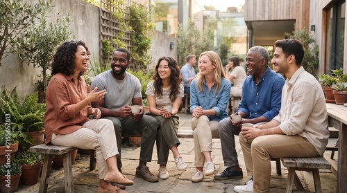 Diverse group of people engaged in outdoor conversation.