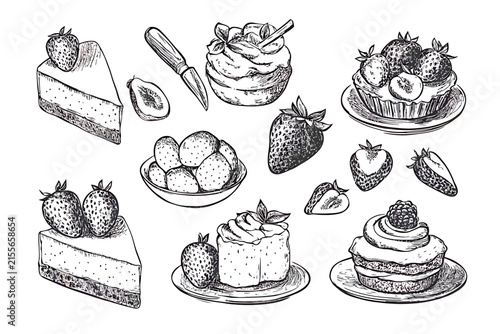 Hand drawn sketch of delicious strawberry desserts and fruits vector illustration on white background.