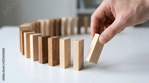 Hand placing a wooden domino block in a row on a table