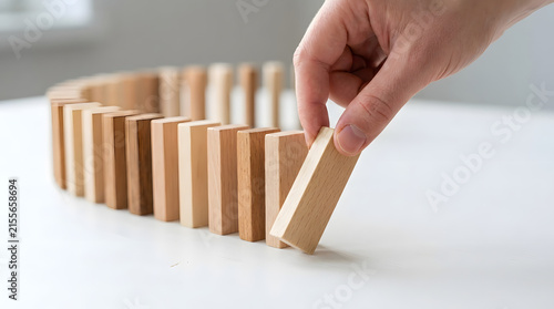 A hand placing a wooden domino block in a row to start a chain reaction