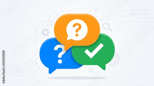 ​A modern vector illustration of three colorful speech bubbles featuring question marks and a checkmark, representing questions, answers, and solutions.