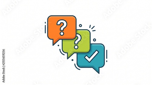 ​A simple flat vector illustration of three colorful speech bubbles (orange, green, and blue) with question marks and a checkmark, representing questions and answers or problem-solving.