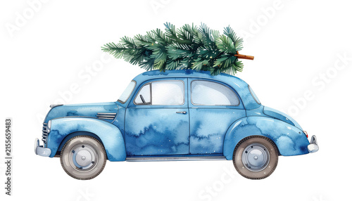 Vintage Blue Classic Car Carrying a Fresh Christmas Tree for Holiday Travel and Christmas Celebration on transparent background