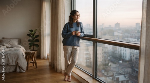 Woman enjoying coffee by large window with city view.