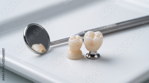 ceramic dental crown models placed beside stainless steel mirror on white tray