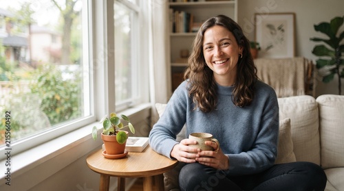 Woman relaxing at home with coffee and plants.
