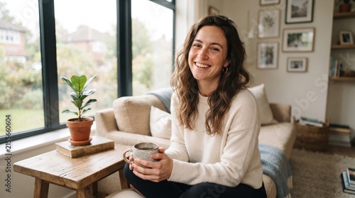 Woman Smiling While Holding Coffee Cup at Home.