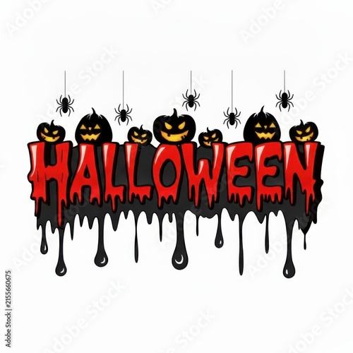 Halloween text design with scary pumpkins and hanging spiders