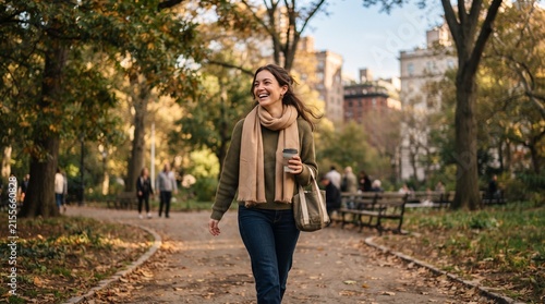 Woman walking in autumn park with city skyline.