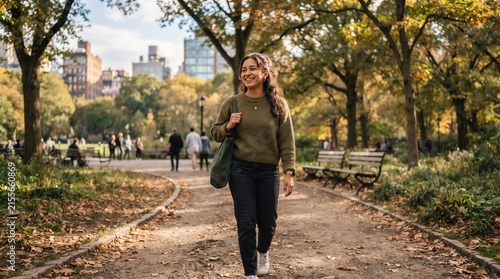 Woman walking through autumn park with city skyline.