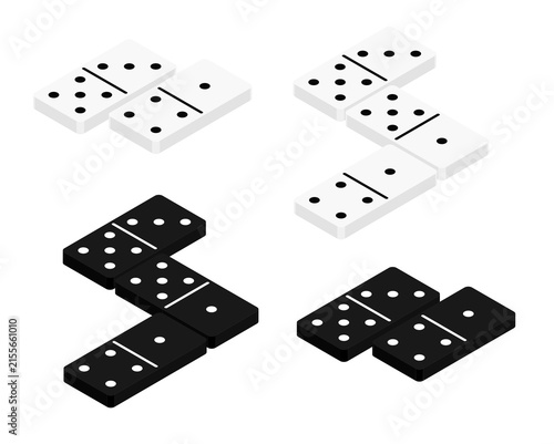 Set of white and black domino dice. Cartoon isometric vector isolated on white background