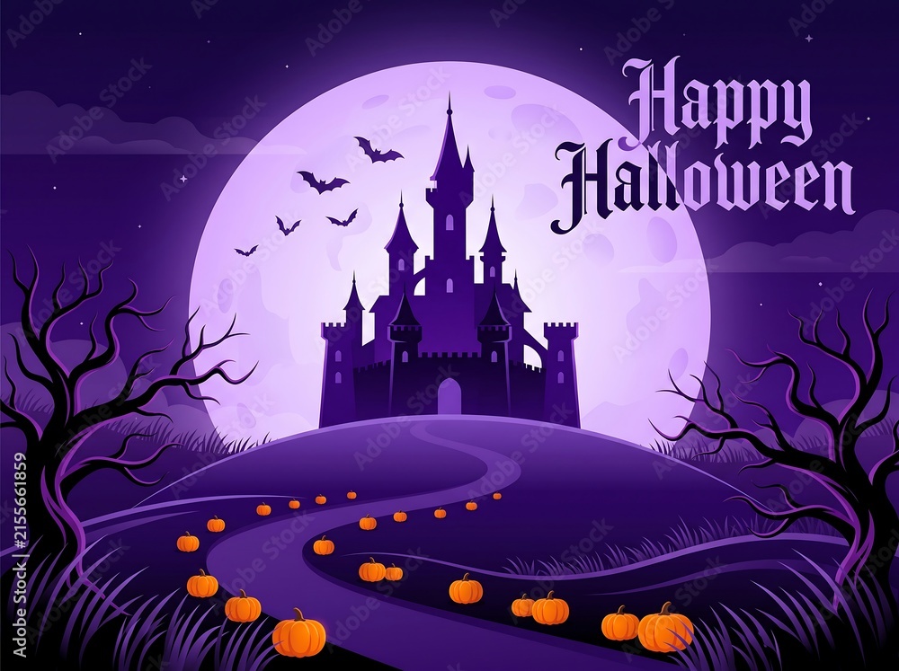 Fototapeta premium Happy halloween greeting card with haunted castle pumpkins and full moon in purple night sky