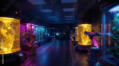 Futuristic laboratory with glowing tanks and robotic arms in use