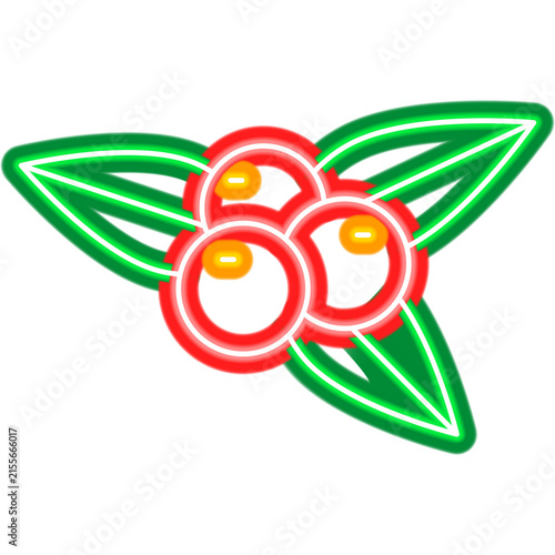 Rowanberry Neon Sign. Vector Illustration of Fall Nature icon. Berry Leaf.