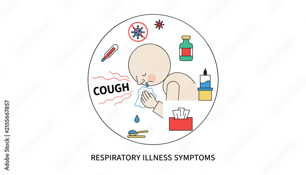 Fototapeta premium Detailed circle diagram illustrating common respiratory illness symptoms such as coughing fever and runny nose.