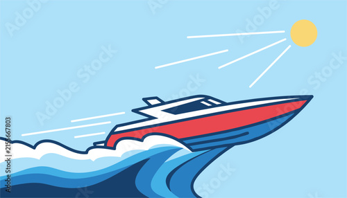 Dynamic vector illustration of a red and blue speed boat cruising over ocean waves under a bright shining sun.