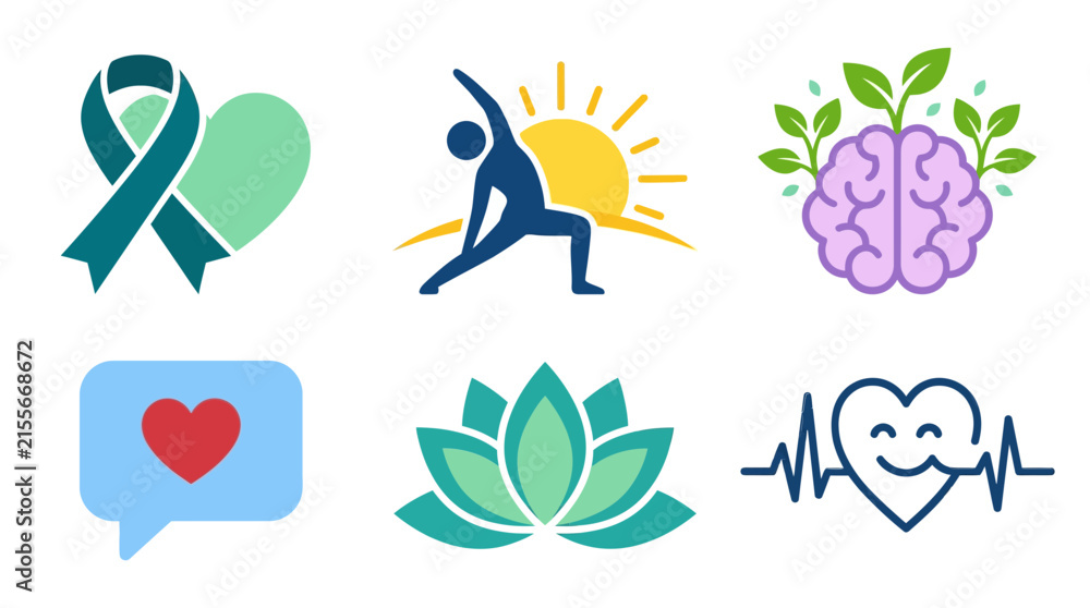 Fototapeta premium Mental Health and Wellness Flat Vector Icon Set for Healthcare Branding