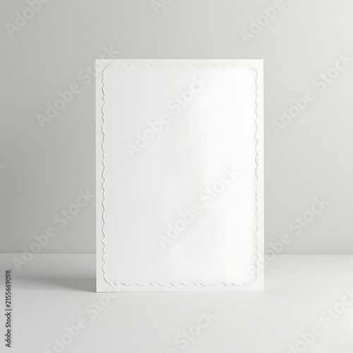 Blank white postcard with perforated edges standing upright on a neutral studio surface.