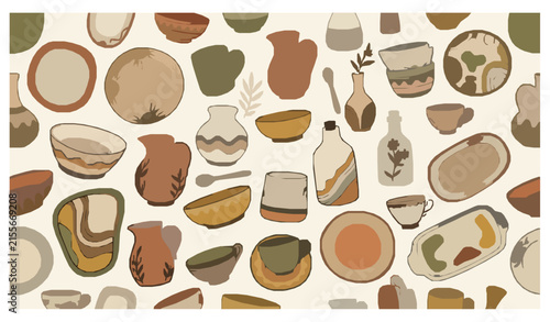 Handcrafted Boho Pottery and Crockery Seamless Pattern Decorative Tableware Vector