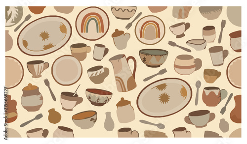 Bohemian Ceramic Tableware Seamless Pattern Hand Drawn Pottery Vector Background