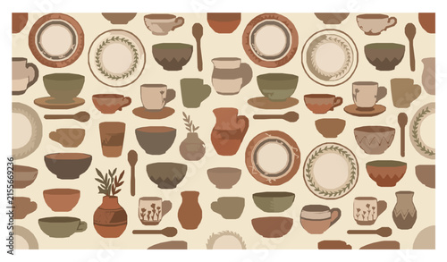 Boho Crockery Seamless Pattern with Plates Cups Bowls and Hand Drawn Pottery Vector