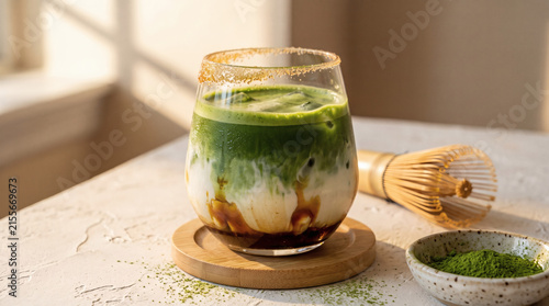 Layered iced caramel matcha latte served with bamboo whisk and green tea powder on table