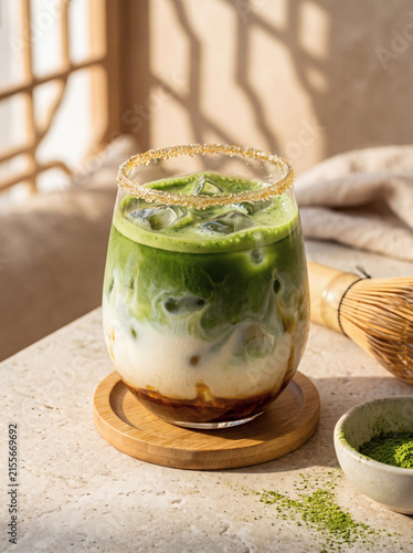 Aesthetic vertical iced caramel matcha latte with window shadows in warm sunlight background